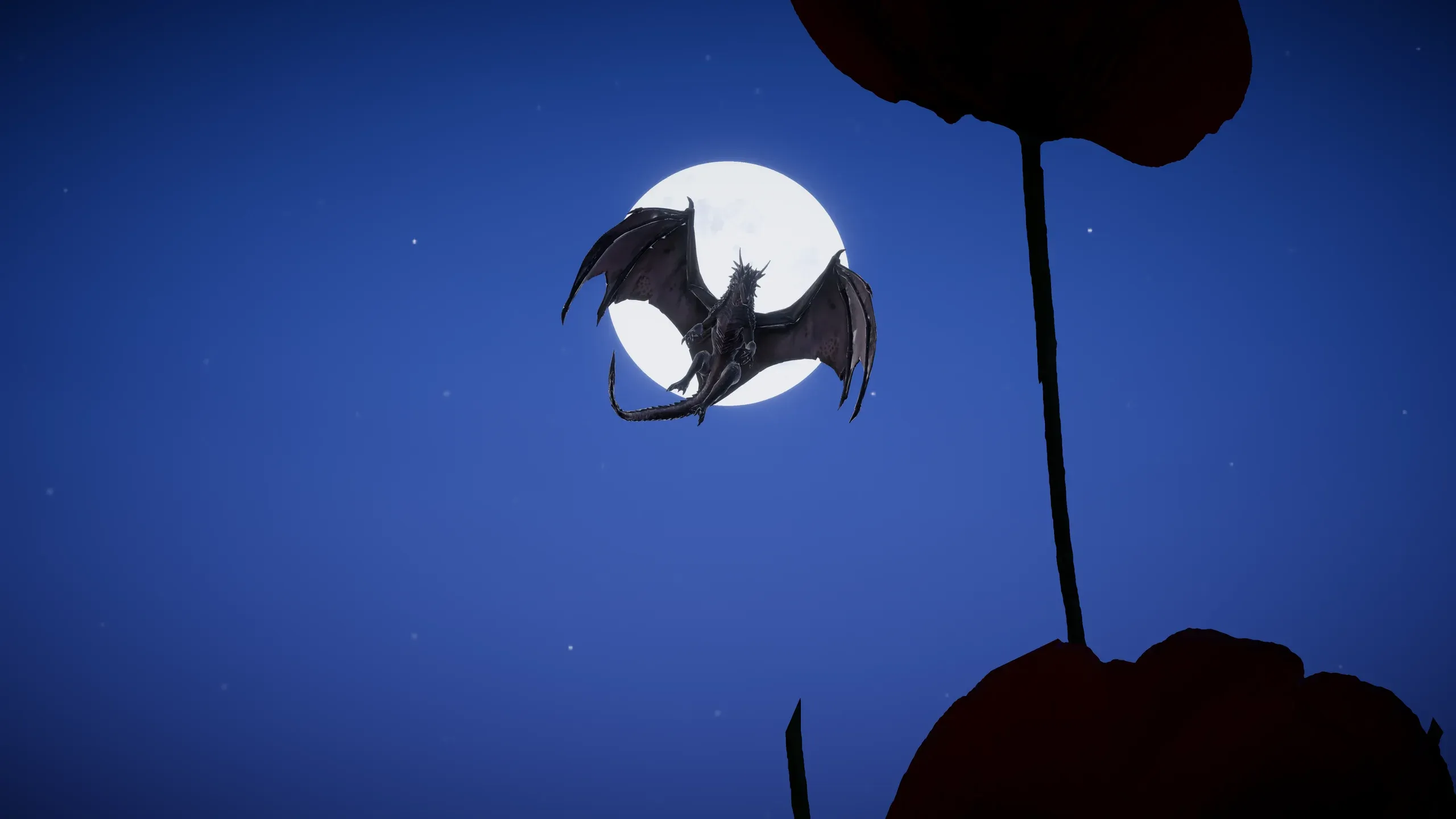 A bat-winged creature crossing a full moon in a blue night sky, behind a tall dark flower.