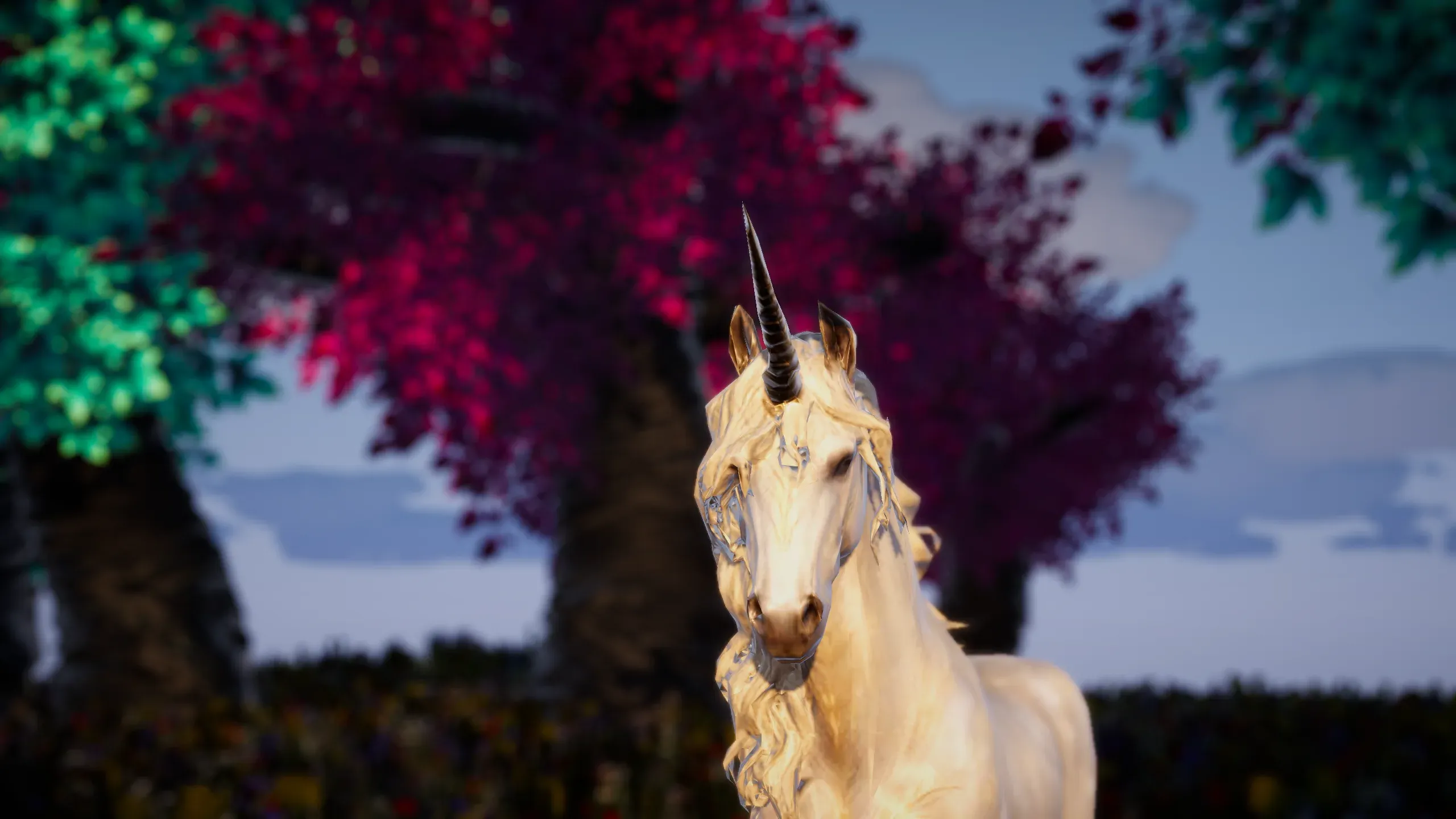 A white unicorn beneath crimson and green trees.