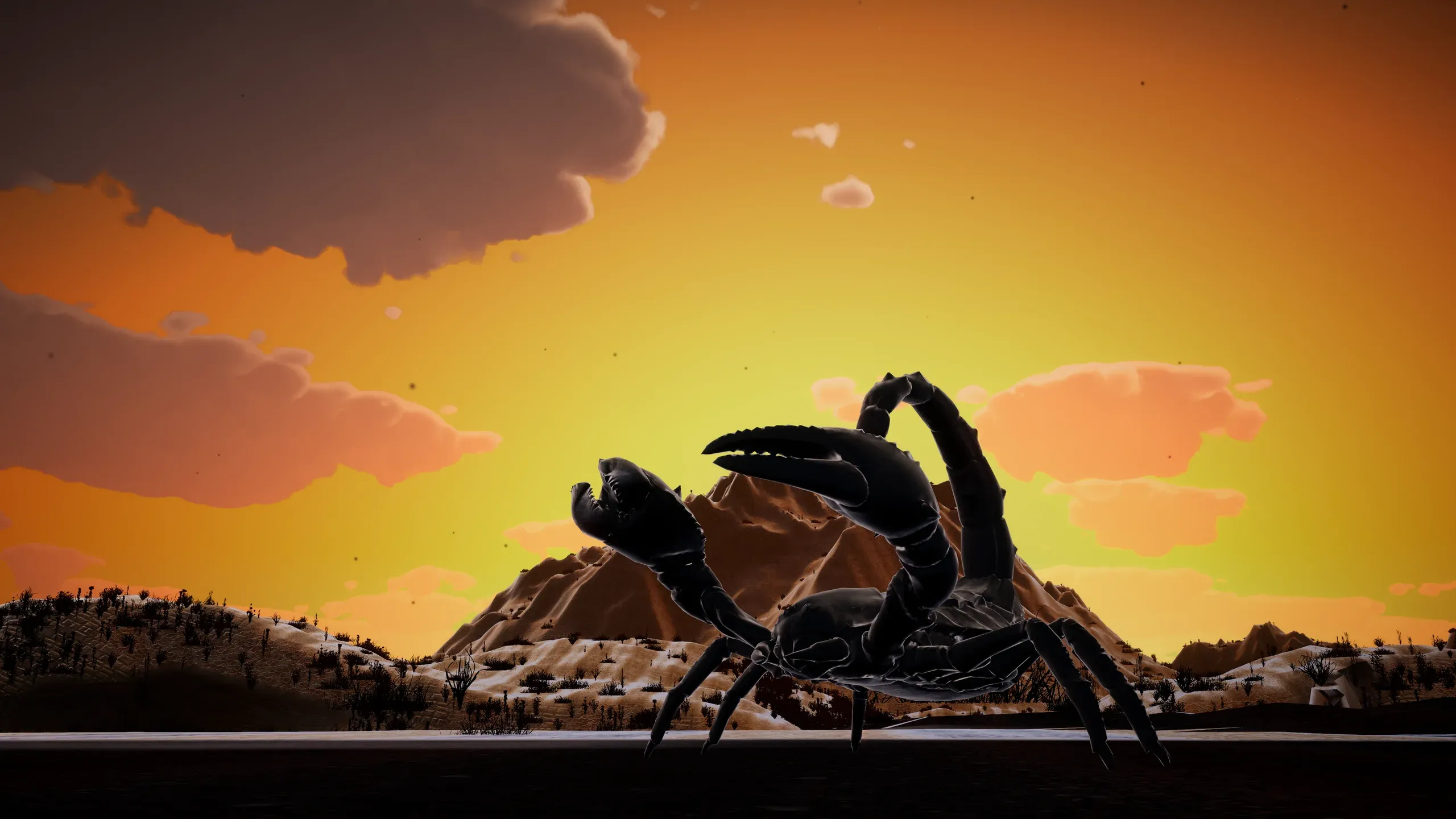 A giant scorpion silhouetted against an orange sunset.