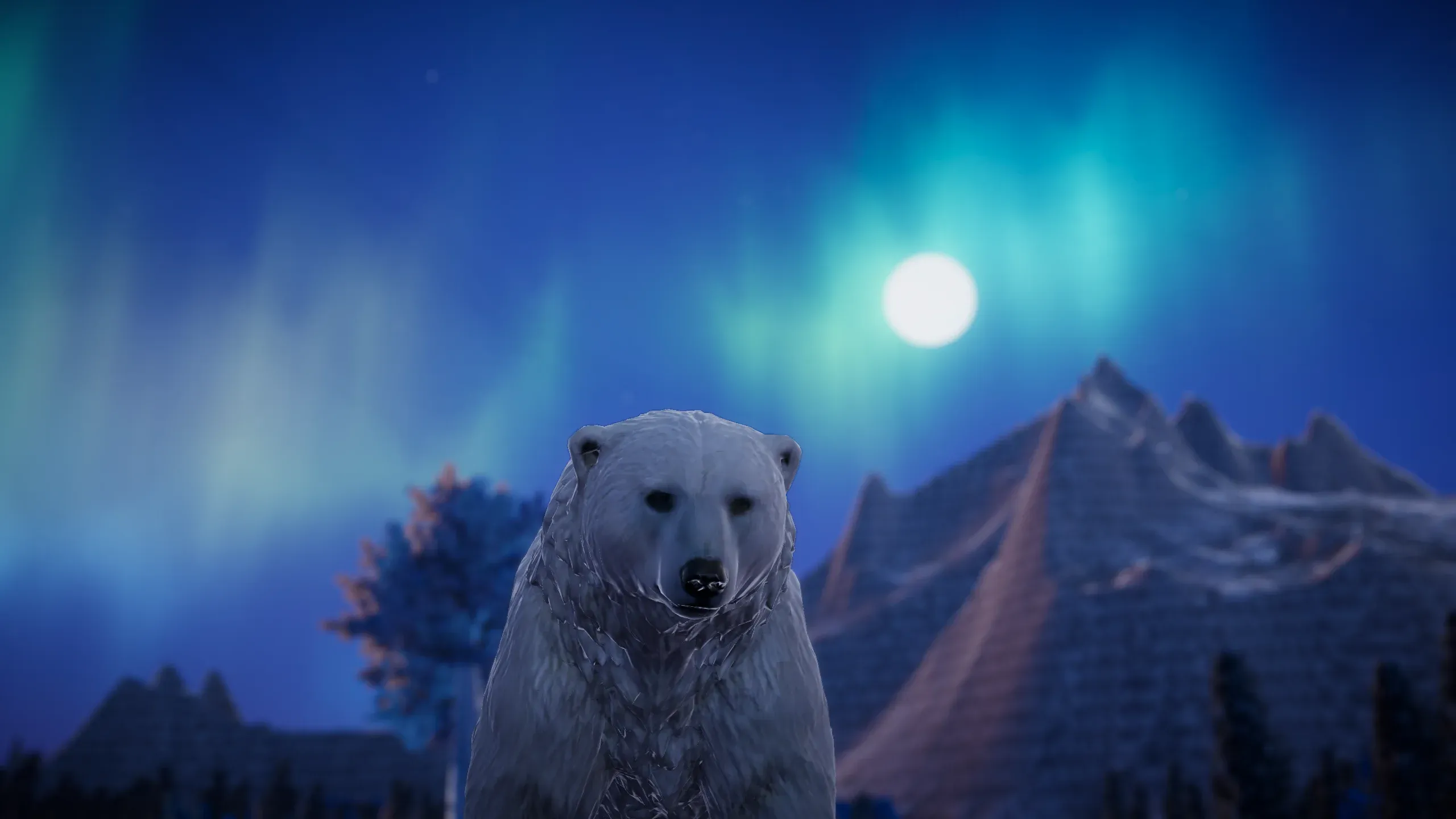 A polar bear beneath an aurora and a bright moon, with snowy peaks behind.