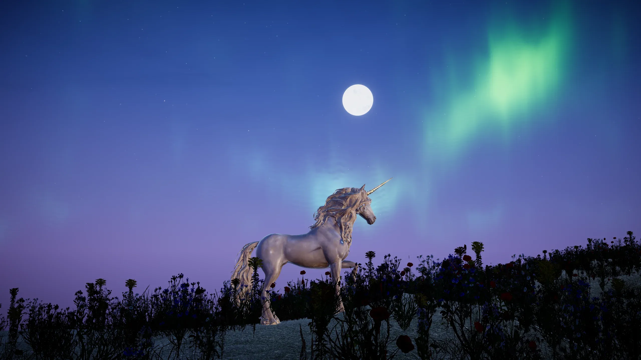 A unicorn on a hillside under a green aurora and a full moon.