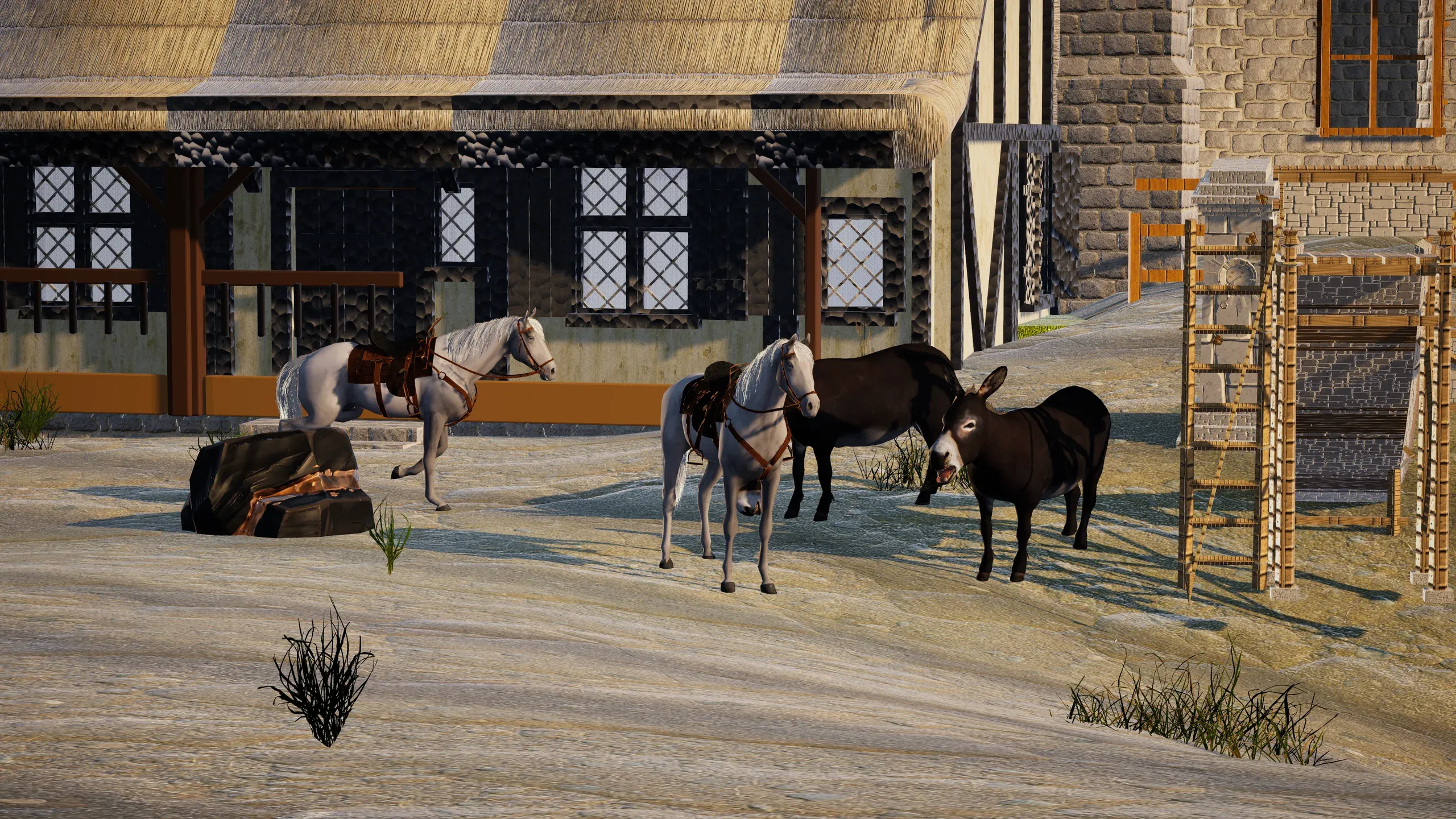 Horses and donkeys in a village square in front of timber-framed houses.