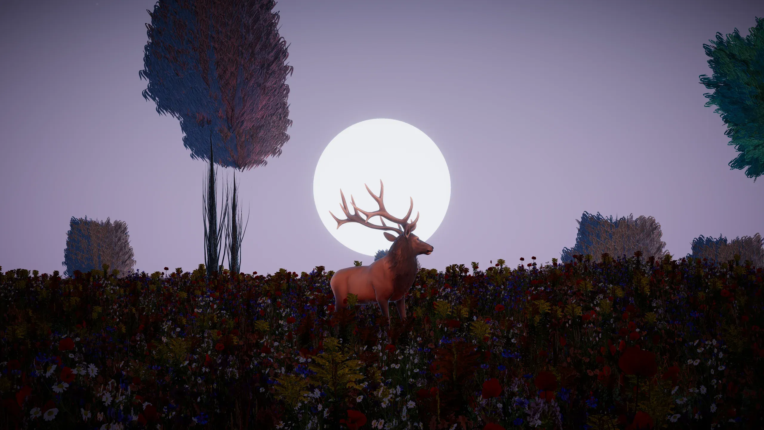 A stag in a field of flowers before a huge full moon.