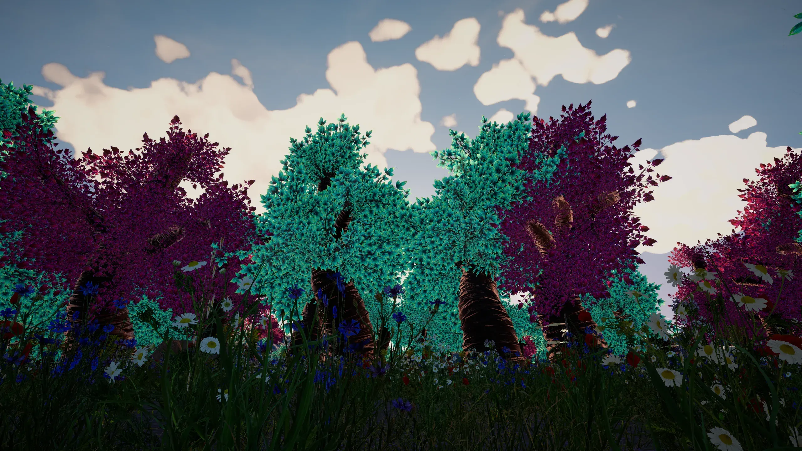 A forest of magenta and teal trees under a bright, cloudy sky.