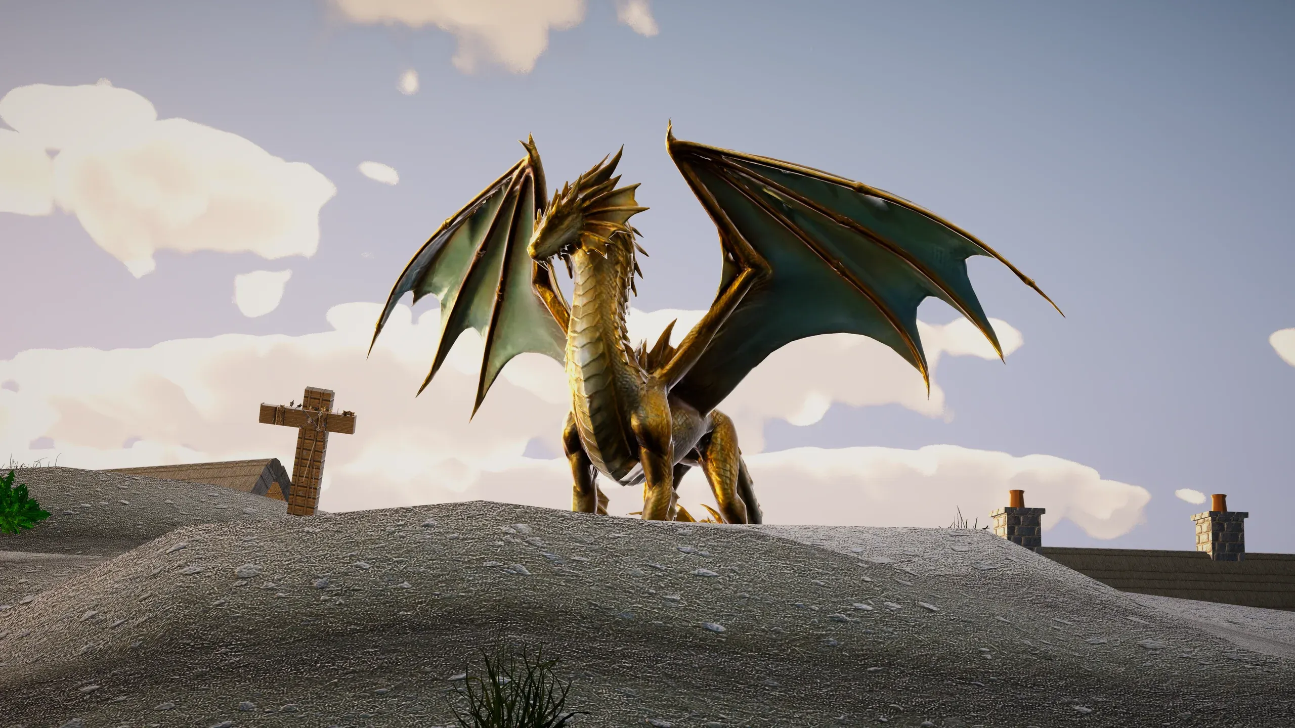 A golden dragon with spread wings on a hill beside a wooden grave marker.