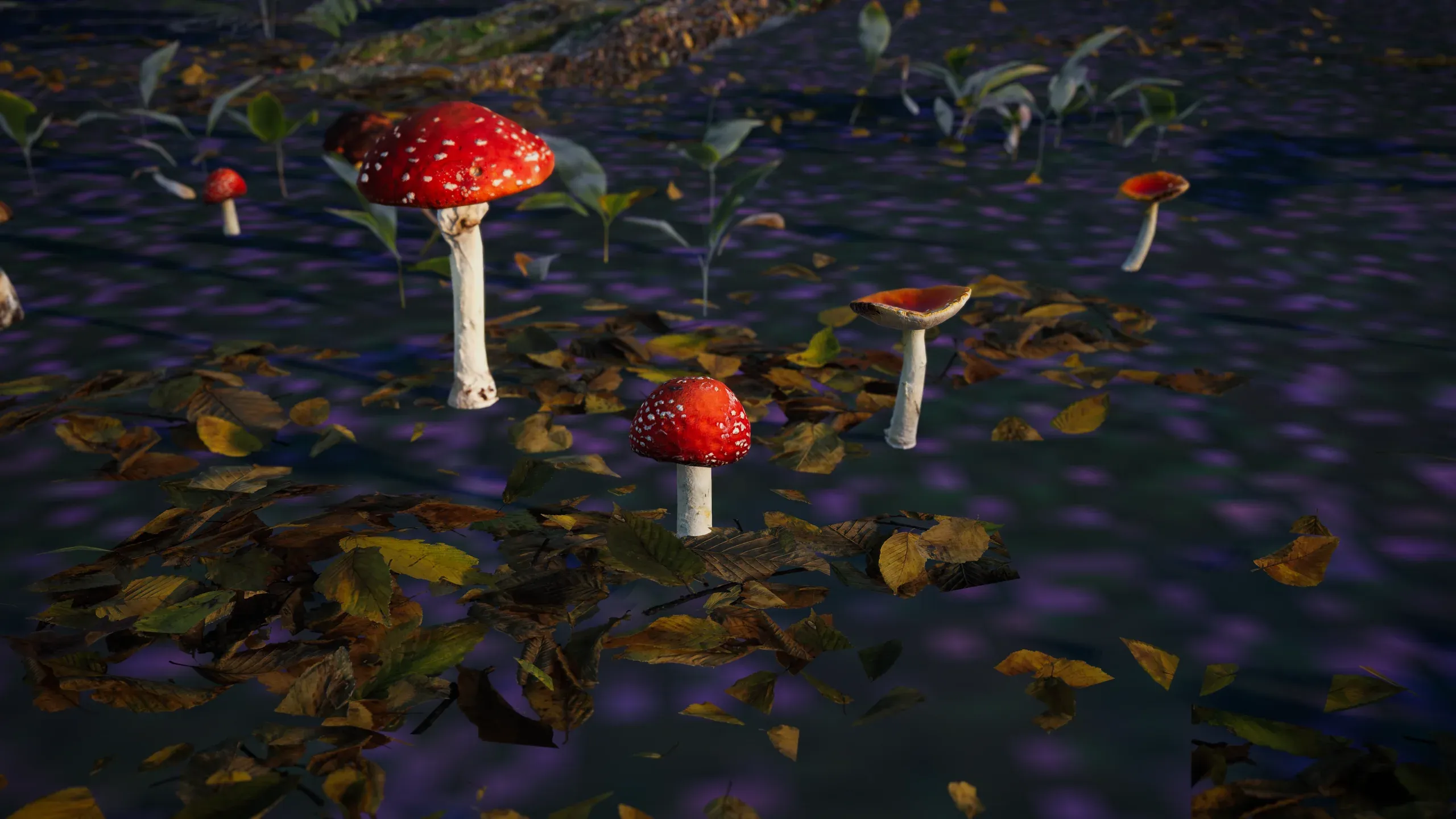 Red-capped mushrooms growing among fallen leaves.