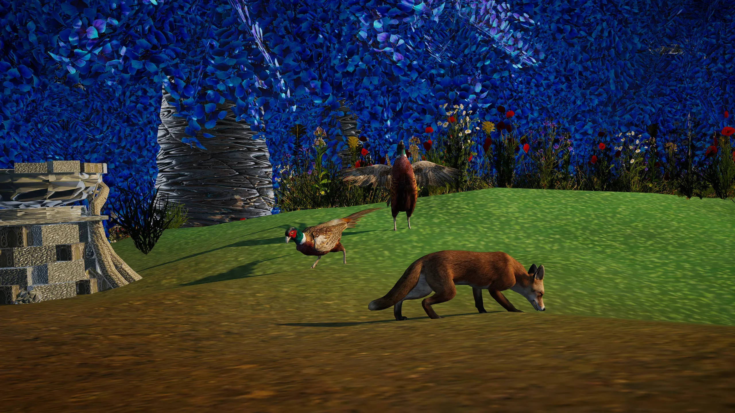 A fox and two pheasants on a grassy hill under blue-leafed trees.