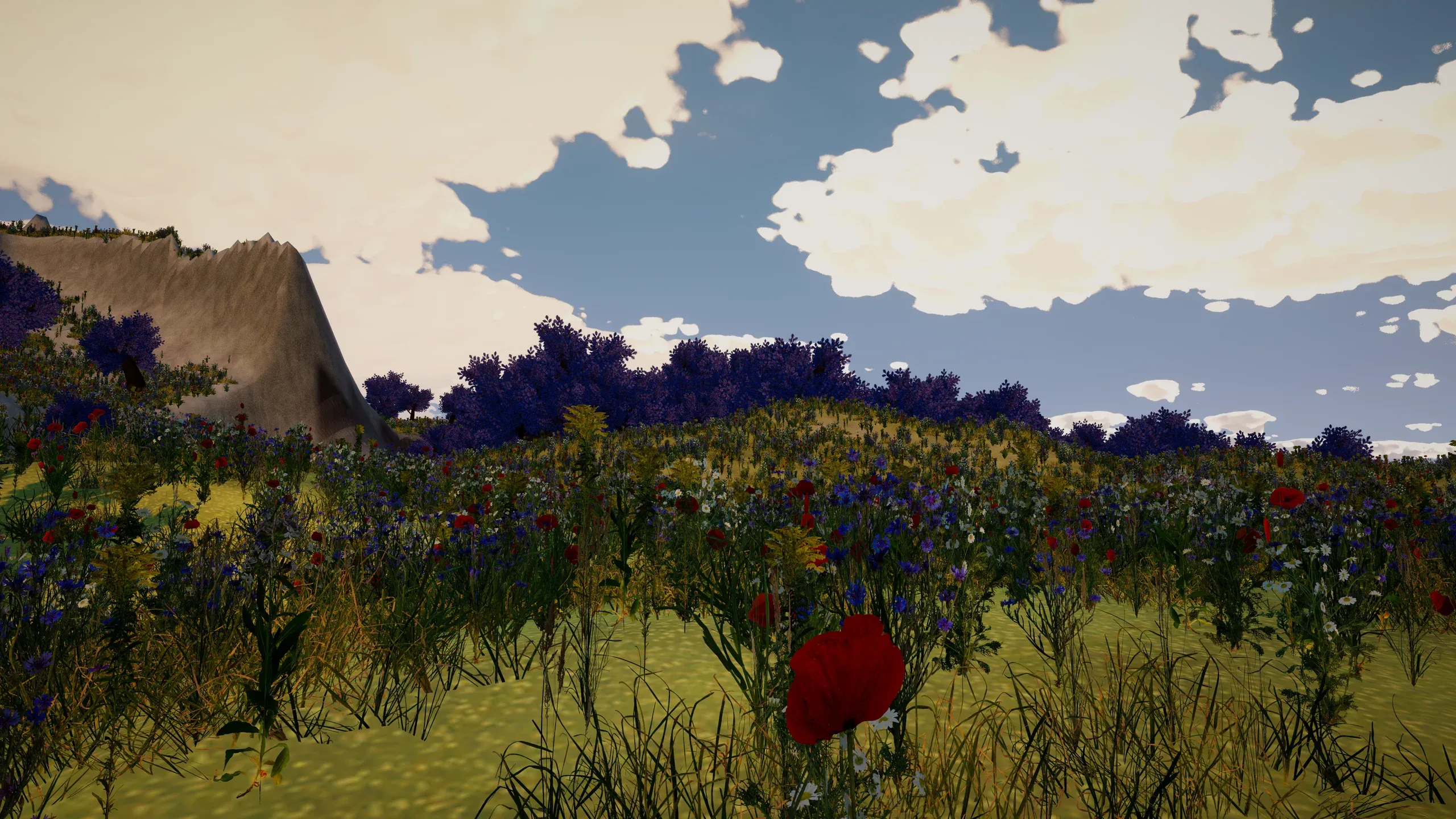 A meadow of wildflowers with a red poppy in front, under a blue sky with clouds.
