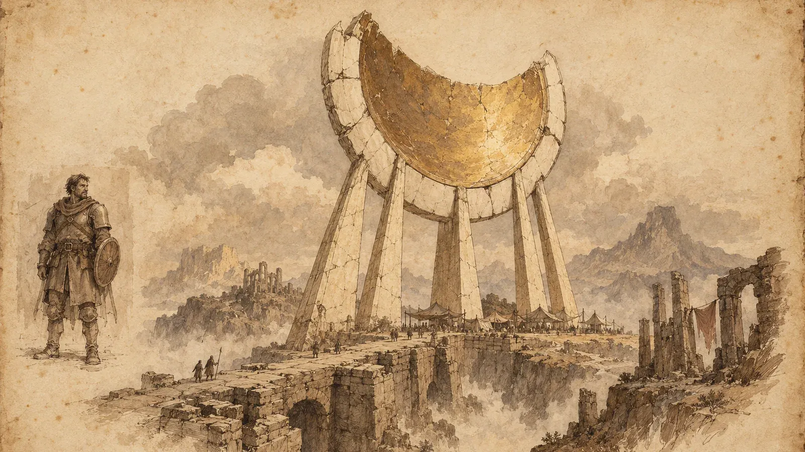 An ink and wash drawing of Aureval: a vast concave sun-disc hangs vertically above a ruined causeway, chipped ivory plates cupping a warm gold hollow. At the left, the mortal he was: an armoured man with a round shield.