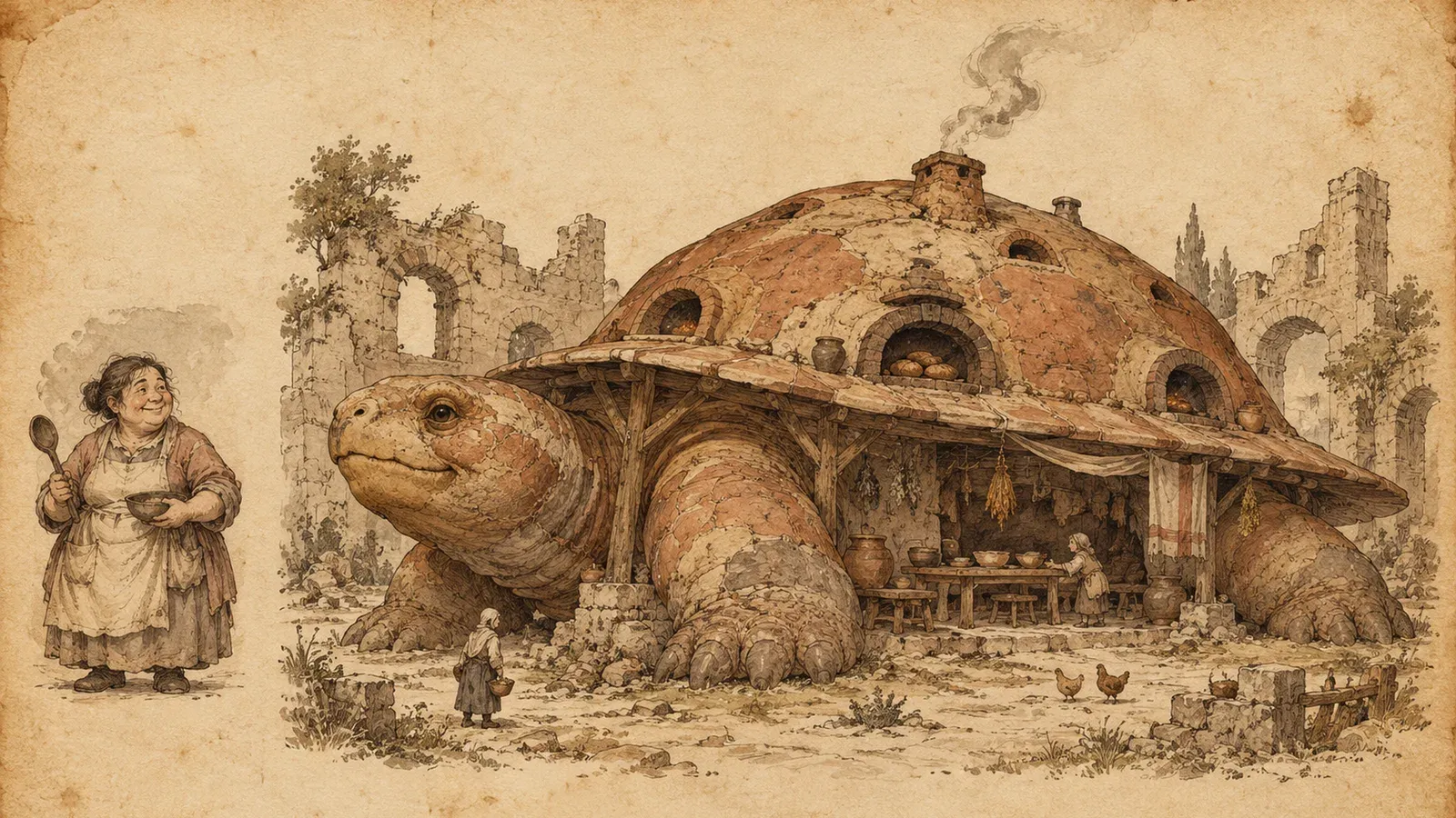 An ink and wash drawing of Brenhild: a broad, low clay tortoise the size of a cottage rests in a ruined yard. At the left, the mortal she was: a smiling halfling cook with a spoon and a bowl.