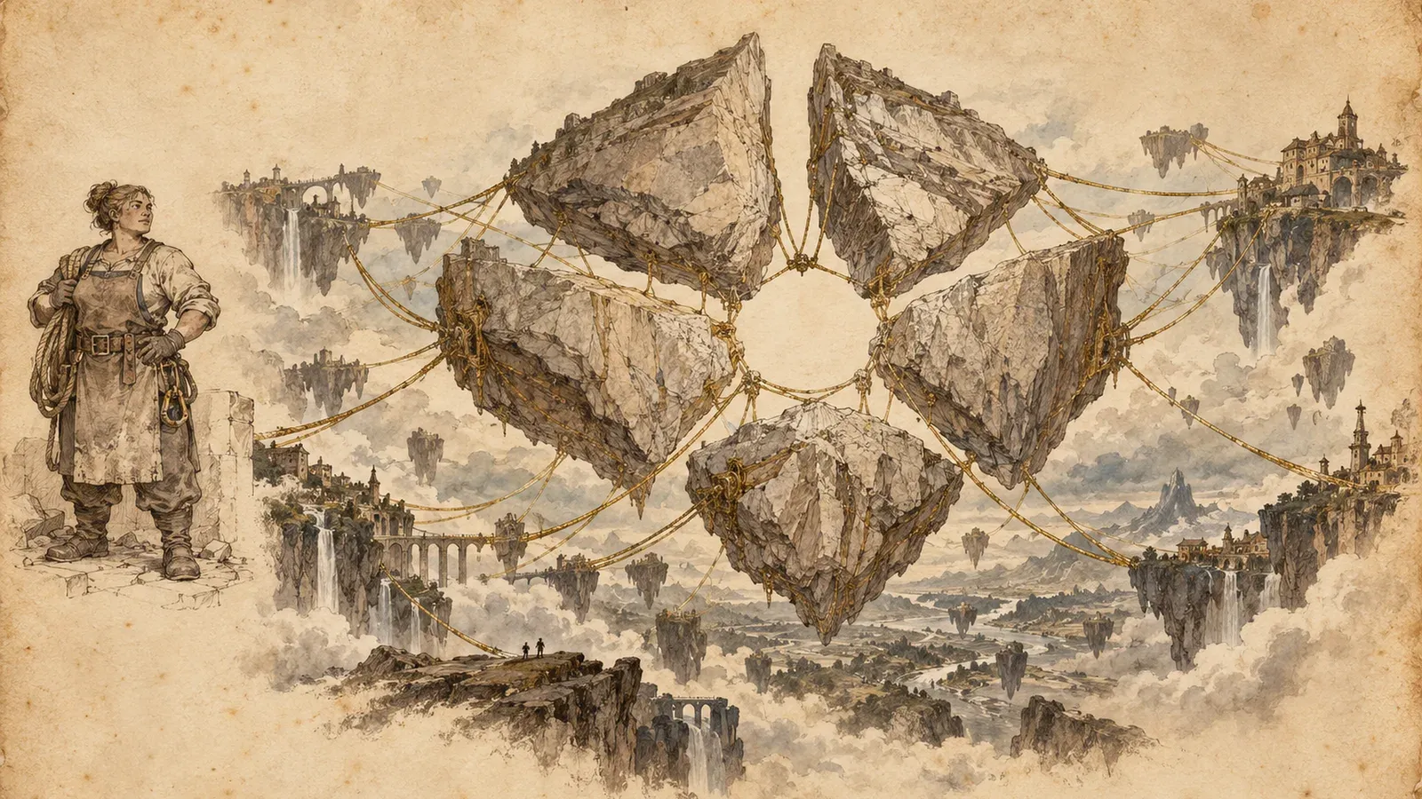 An ink and wash drawing of Calthera: five vast pale worldstone plates hover around a small empty hollow, held by taut cords of spent gold extending out toward the broken islands. At the left, the mortal she was: a dwarf woman in a work apron with a coil of rope.