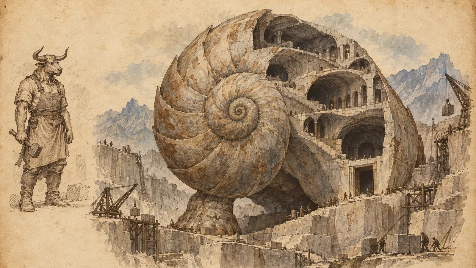 An ink and wash drawing of Dhorun: a mountain-sized stone nautilus rests beside a broken quarry. At the left, the mortal he was: a minotaur mason in an apron with a hammer.