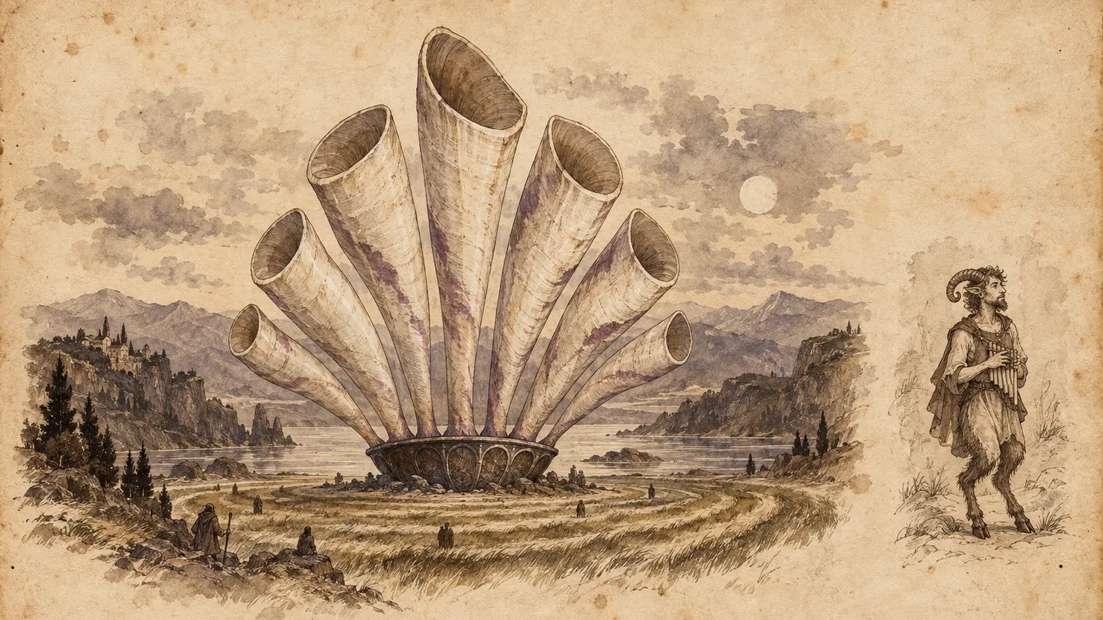 An ink and wash drawing of Enthea: a tall fan of pale hollow shells rises from a small dark resonant bowl. At the right, the mortal she was: a satyr singer.