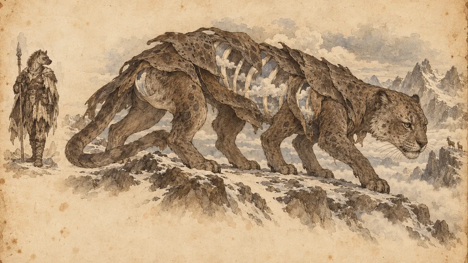 An ink and wash drawing of Heshra: a long six-legged stalking cat crouches along a cold ridge. At the left, the mortal she was: a Howlkin hunter in furs with a spear.