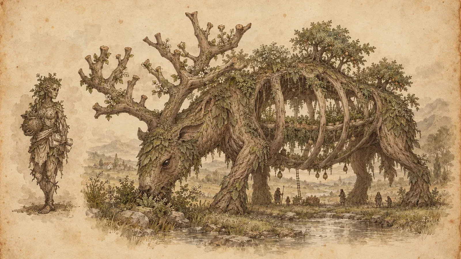 An ink and wash drawing of Ilvara: a huge low browsing beast, part ancient deer and part hollow orchard, carries living seed beds between widely separated root ribs. At the left, the mortal she was: a leaf-crowned thornling holding a bundle.
