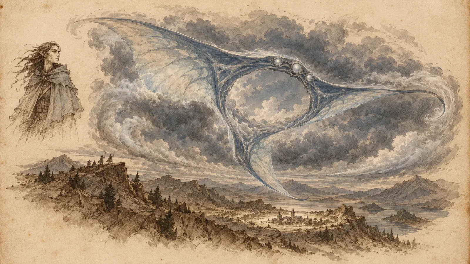 An ink and wash drawing of Lyriss: a sky-wide, translucent manta-like storm spreads three long asymmetric fins over a battered ridge. At the left, the mortal she was: an elf woman in a hooded cloak, her hair blown back.