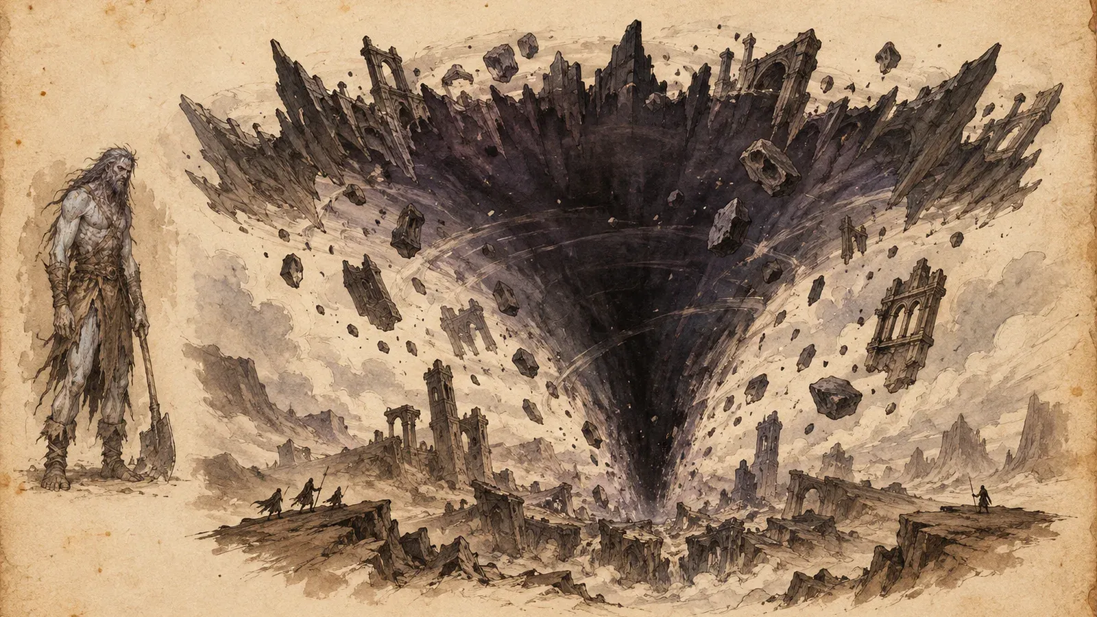An ink and wash drawing of Maldreth: a mountain-sized inverted funnel opens above broken ground, its torn rim made of toothlike black mineral plates and discarded ribs of architecture. At the left, the mortal they were: a gaunt troll with an axe.