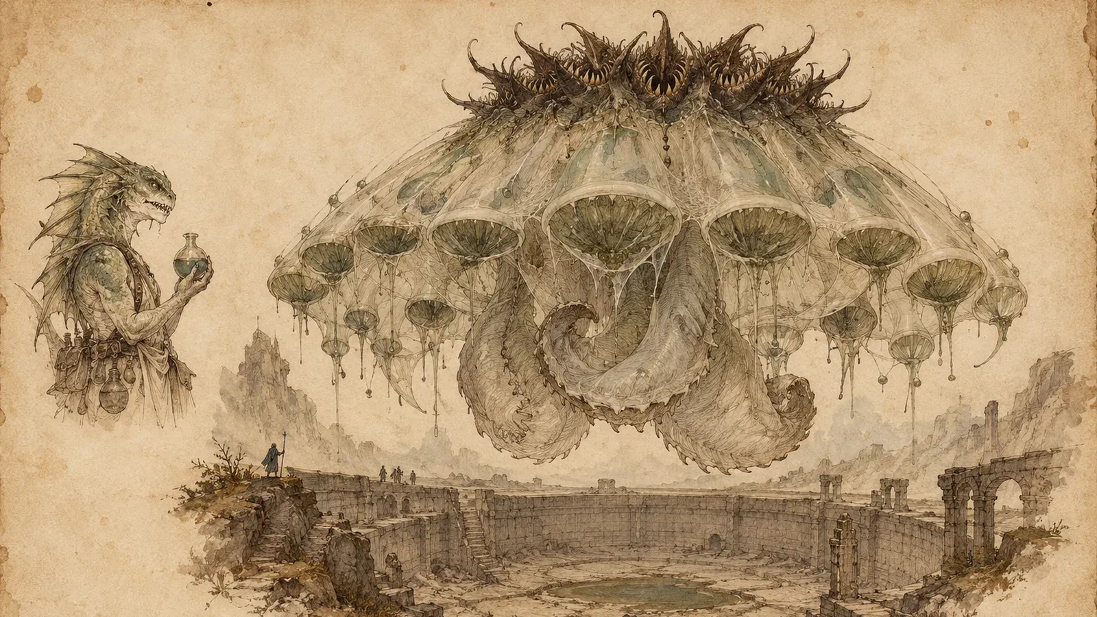 An ink and wash drawing of Naskorra: an immense inverted jelly-bell hangs over a dry cistern, its pale translucent mantle studded with feeding cups and a compact black crown of thorned mouths. At the left, the mortal she was: a Brinefang apothecary holding a flask.