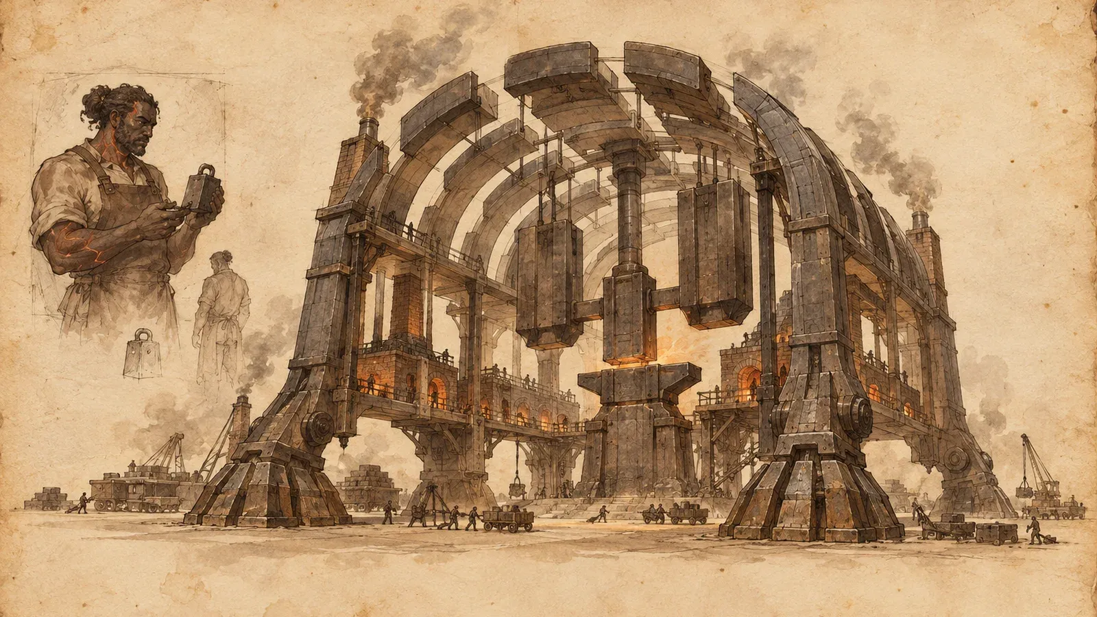 An ink and wash drawing of Ossandros: an enormous open-sided foundry walks on four buttress feet. At the left, the mortal he was: a smith in an apron studying a test weight.