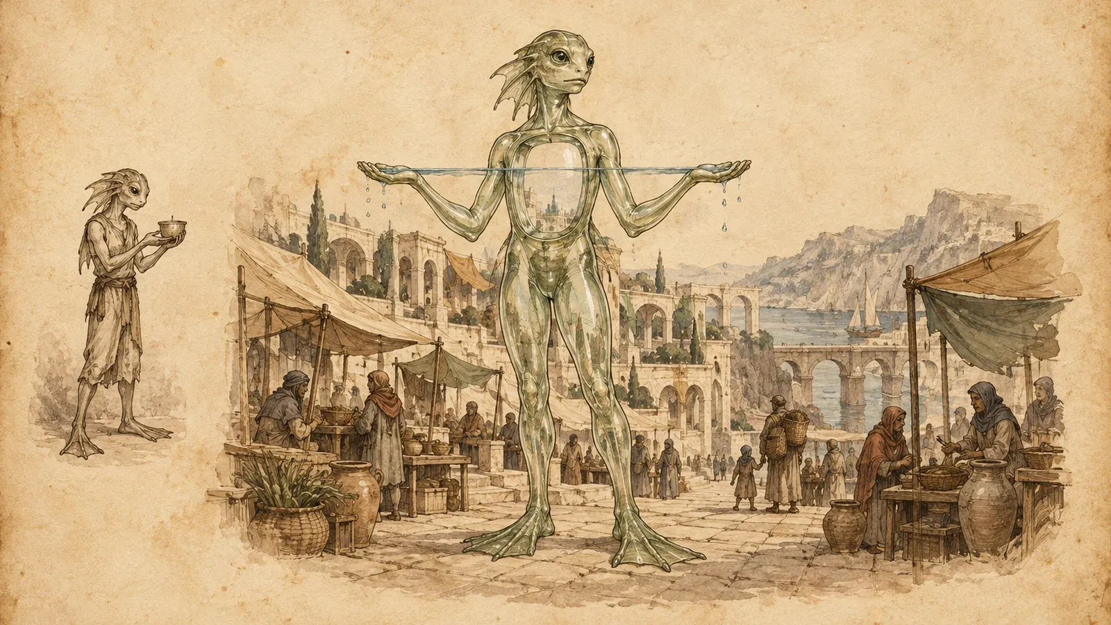 An ink and wash drawing of Paskel: a slight amphibious, humanlike figure stands on a busy dry market terrace. At the left, the mortal they were: a Reedkin assessor holding a measuring cup.