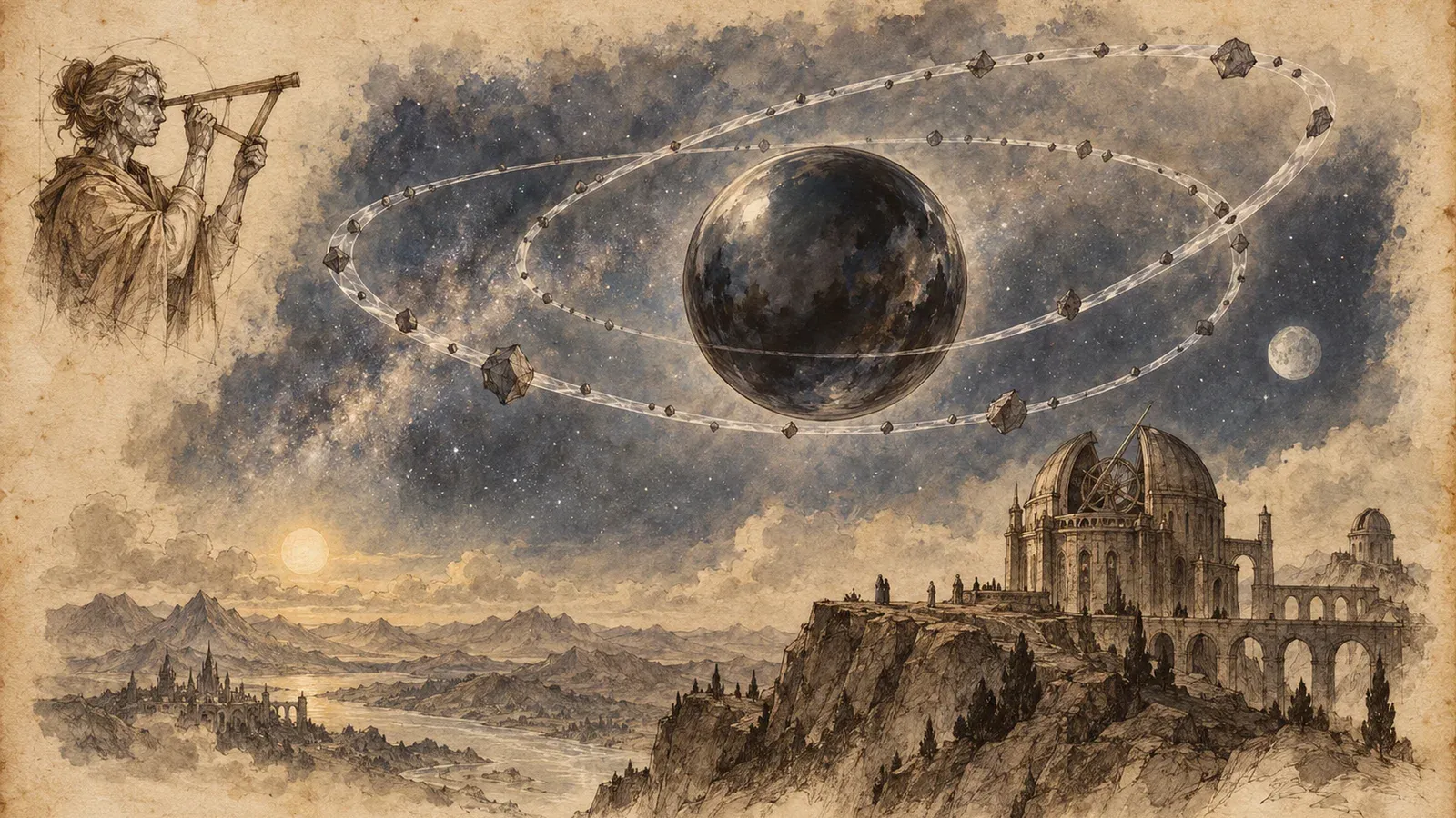 An ink and wash drawing of Qoravel: a dark pearl star hangs low over an observatory, surrounded by three enormous offset ellipses of pale crystalline light. At the left, the mortal they were: an astronomer looking through a sighting instrument.