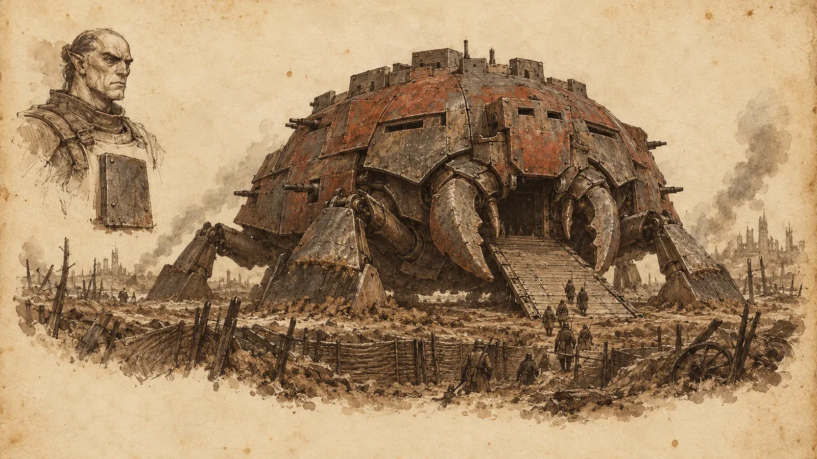 An ink and wash drawing of Ruvask: a huge squat iron beetle rests across a battlefield trench. At the upper left, the mortal he was: a stern hobgoblin officer in armour.