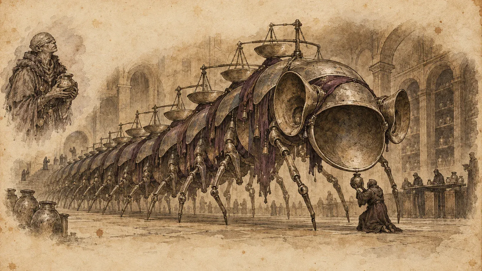 An ink and wash drawing of Sevrith: a huge low centipede of tarnished balance pans moves through a dry counting house. At the left, the mortal they were: a hooded broker holding a water jar.