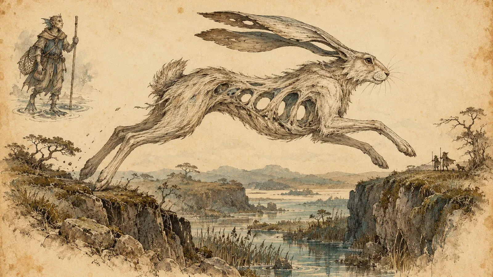 An ink and wash drawing of Tavris: a great long-legged hare of pale driftwood springs across a narrow ravine above small reed pools. At the left, the mortal he was: a merfolk guide with a staff, standing in the shallows.