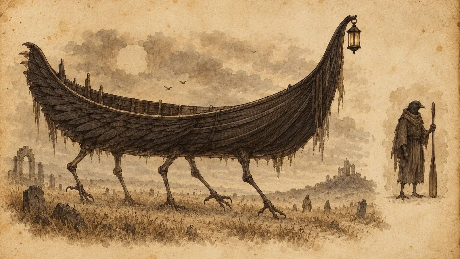An ink and wash drawing of Thurenn: a long black wooden funeral boat walks through dry grave grass on six delicate corvid legs. At the right, the mortal he was: a raven-headed ferryman in a hooded cloak with an oar.