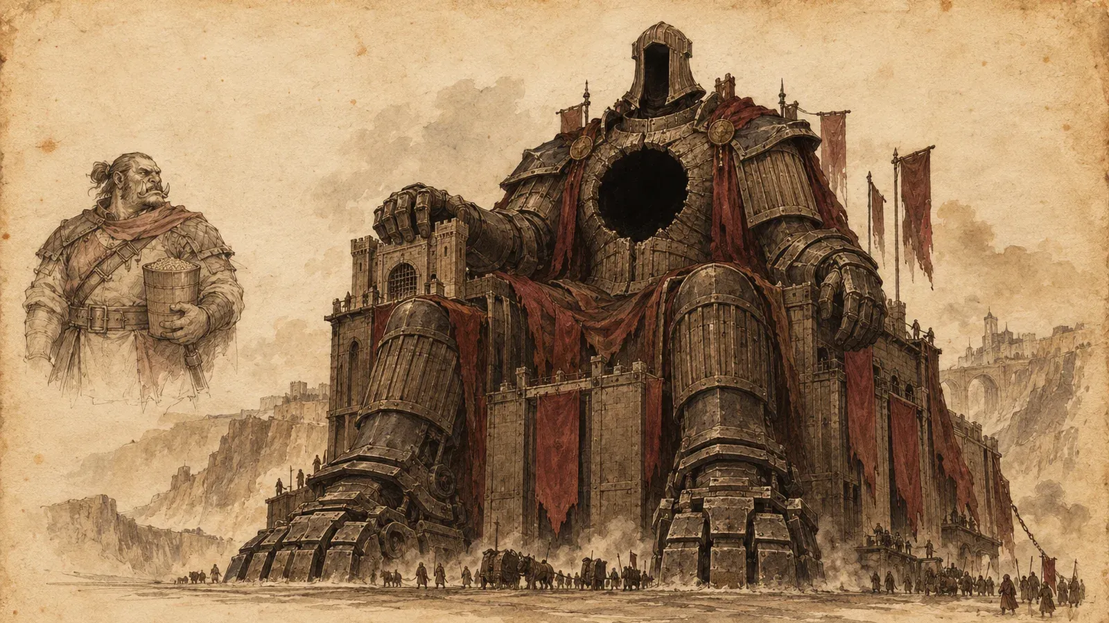 An ink and wash drawing of Vhalgor: a colossal armoured humanlike figure sits on a low fortress throne dragged by its own articulated iron feet. At the left, the mortal he was: an orc quartermaster carrying a ration tin.