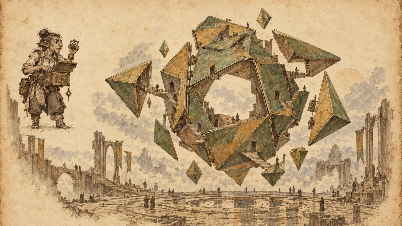 An ink and wash drawing of Zekkos: an enormous asymmetric polyhedral puzzle hovers over a worn gaming court. At the left, the mortal they were: a goblin conjurer holding a small puzzle box.