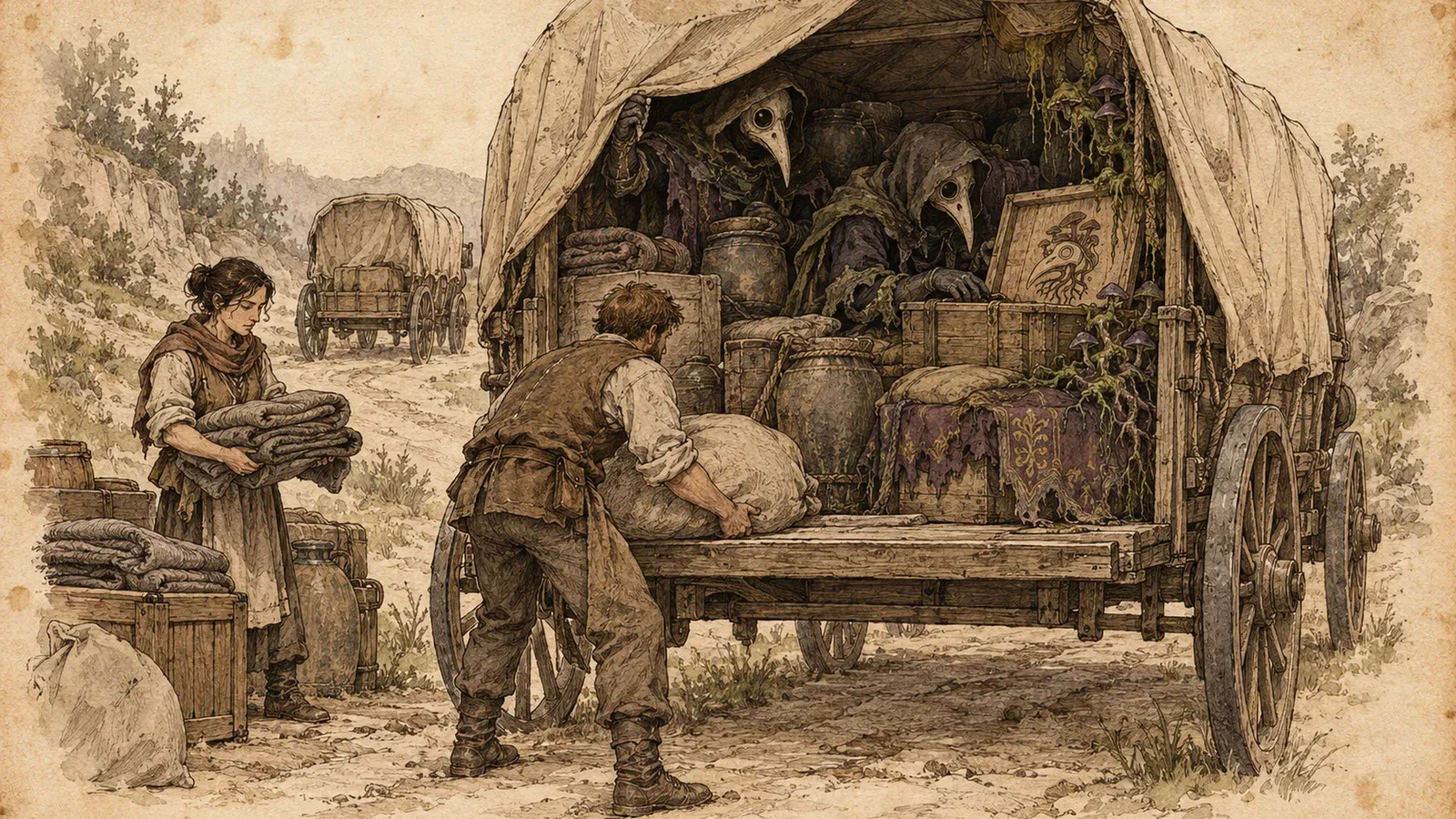 An ink and wash drawing of the Bleakroot Conclave: villagers unloading sacks and folded cloth from a covered wagon, with beak-masked figures among the crates inside.