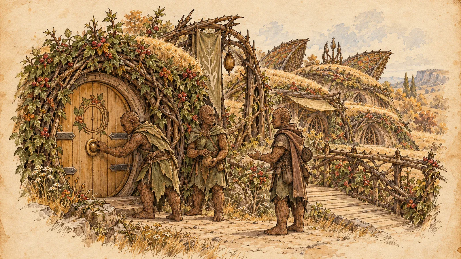An ink and wash drawing of the Bramblegate Wardens: hooded figures at a round door set in a berry hedge, with a footbridge and turf-roofed houses behind.