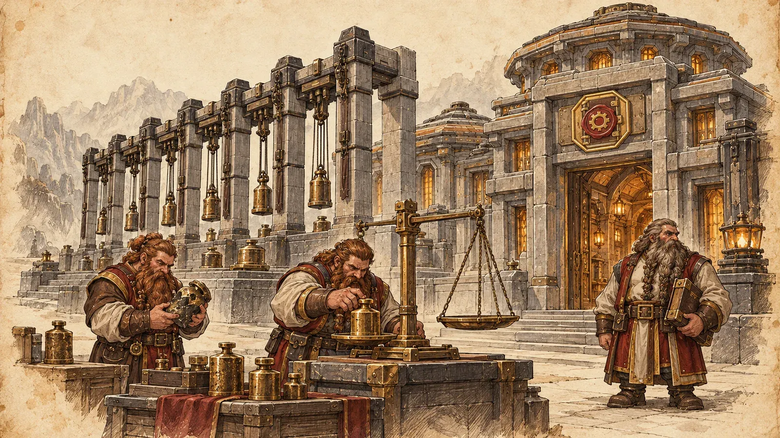 An ink and wash drawing of the Brass Ledger Consortium: dwarven merchants weighing brass goods on scales before a domed counting house and a row of hanging bells.