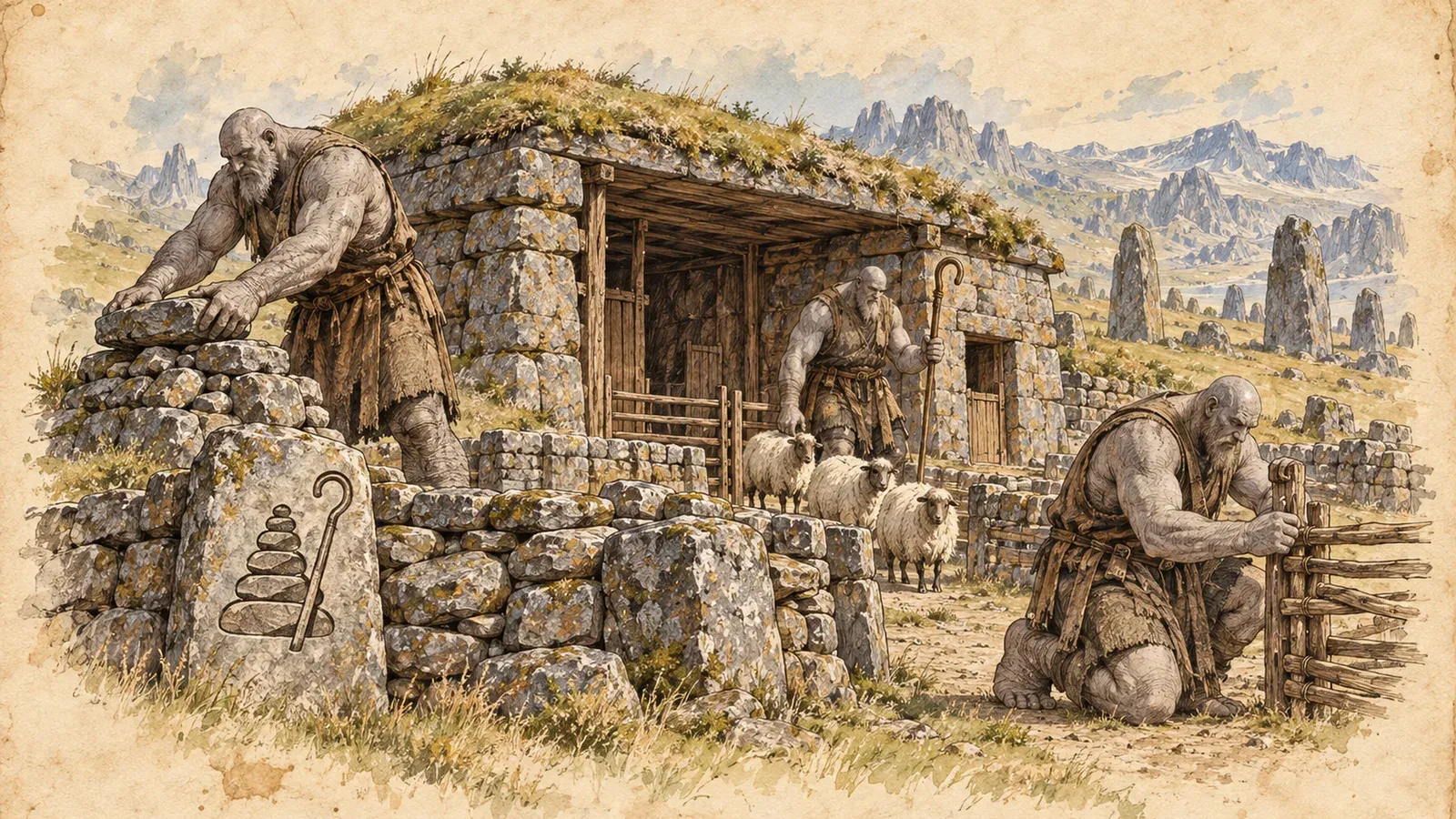 An ink and wash drawing of the Cairnherd Lineage: grey giants building drystone walls and mending a fence beside a turf-roofed croft and its sheep.