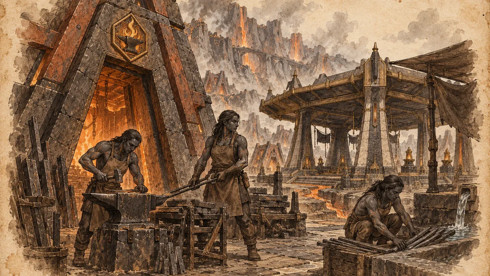 An ink and wash drawing of the Cinderwake Compact: smiths hammering at anvils before a glowing forge, with rivers of lava in the mountains behind.