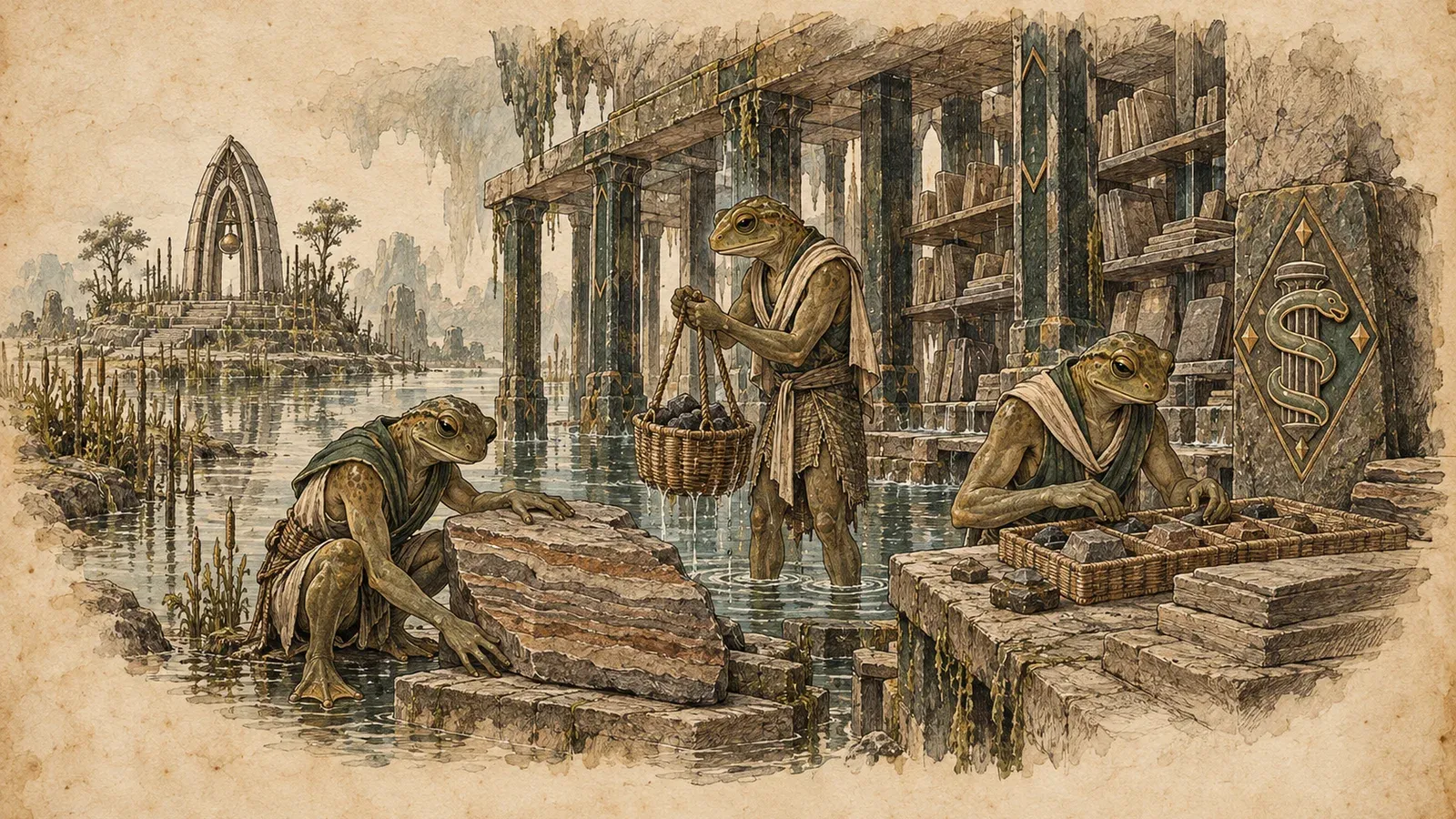 An ink and wash drawing of the Coil of the First Deep: frog-like folk cutting and stacking stone slabs in flooded halls, beside a plaque of a serpent coiled round a pillar.