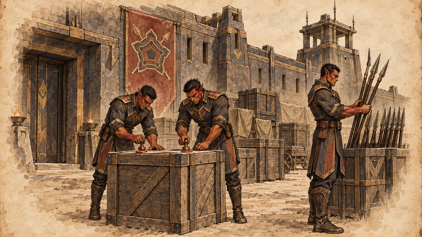 An ink and wash drawing of the Countersigned Line: soldiers sealing a crate and checking a sheaf of spears in the yard of a walled fort.
