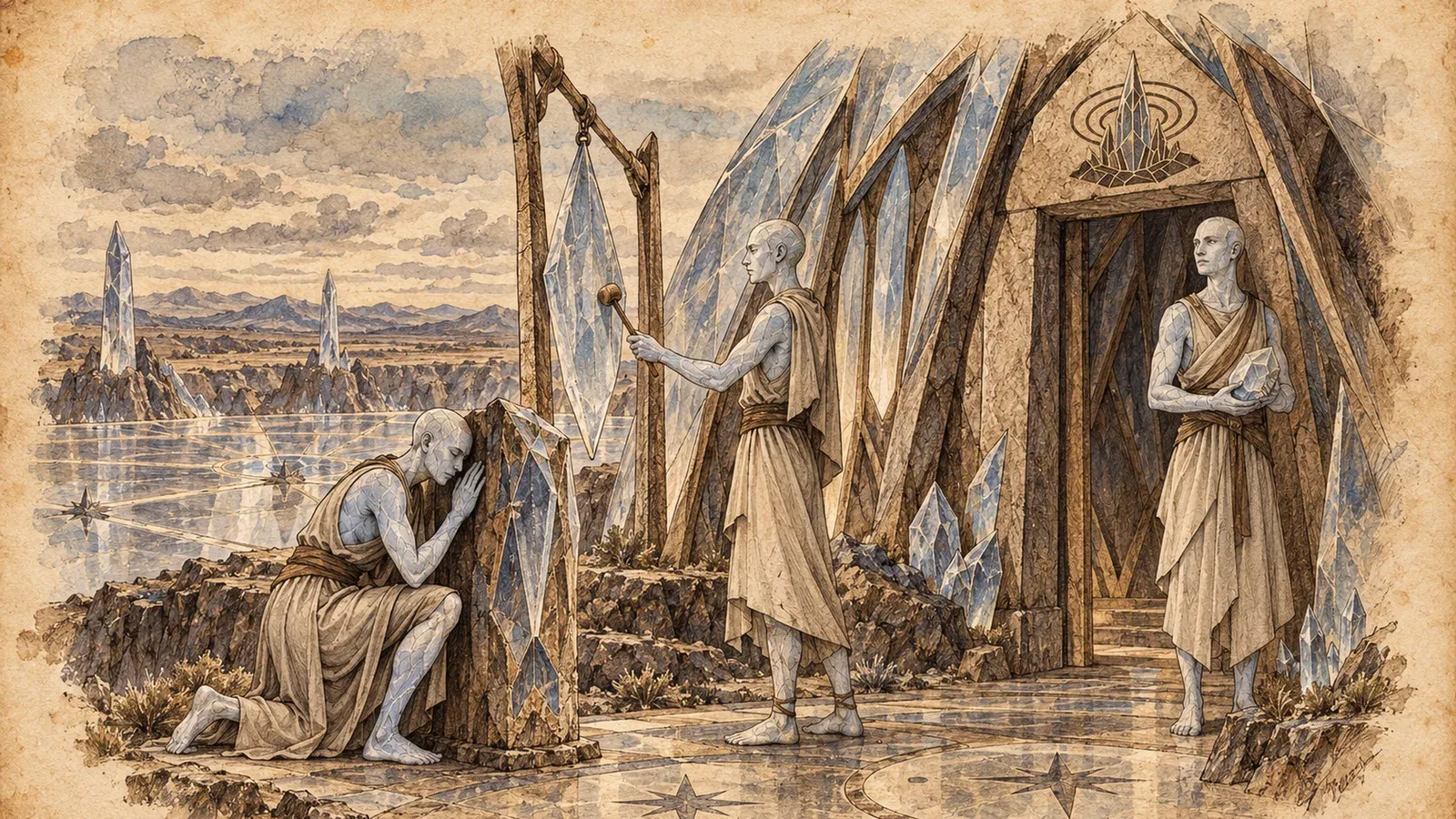 An ink and wash drawing of the Craterglass Choir: pale robed figures listening at shards of crystal beside a glassy crater lake.