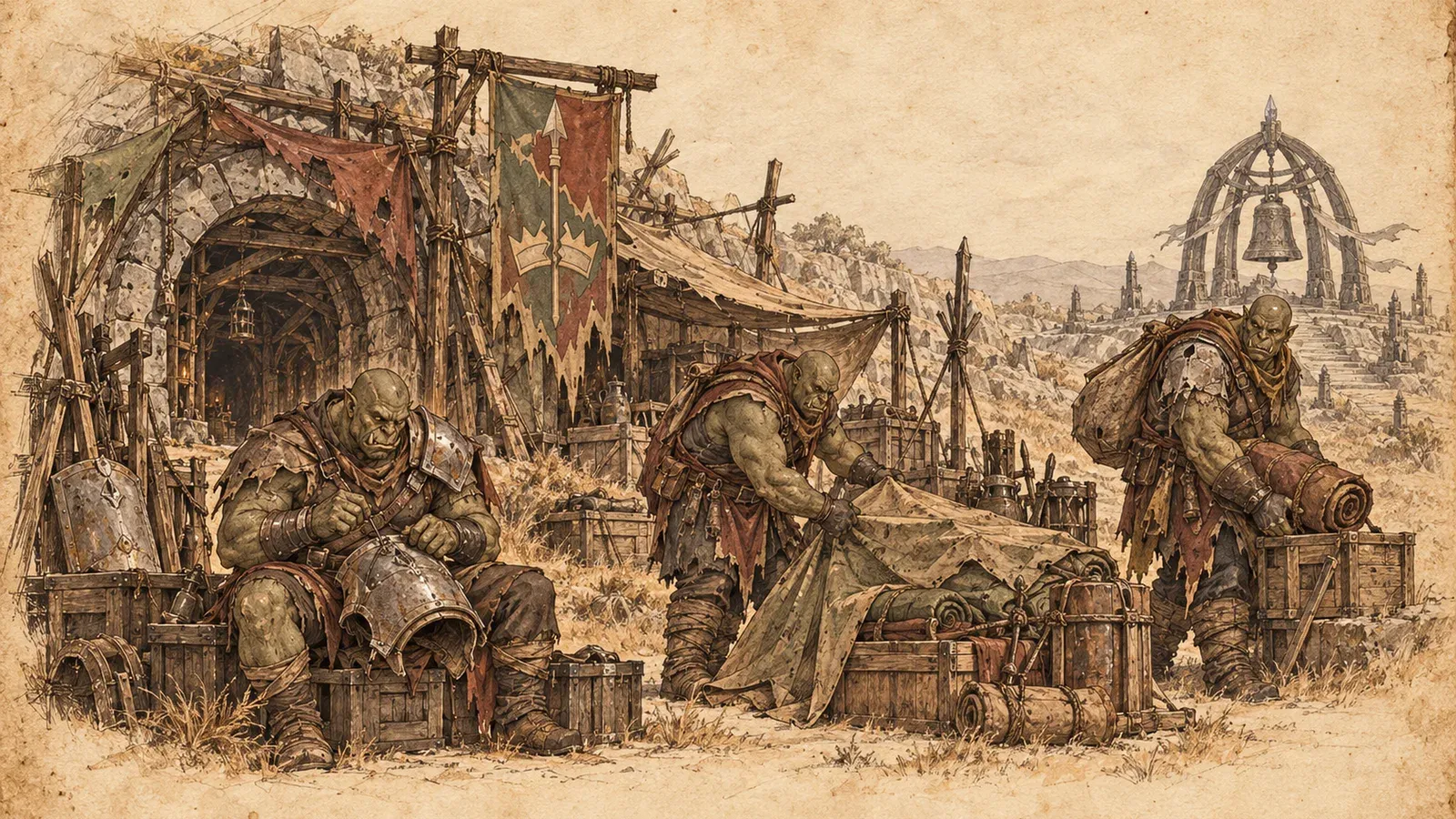 An ink and wash drawing of the Crownless Host: armoured orcs mending gear and sorting supplies outside a tunnel camp hung with tattered banners.