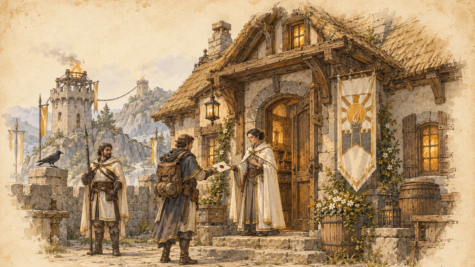 An ink and wash drawing of the Dawnwall Compact: a robed woman handing a letter to a traveller at a cottage door hung with a sun banner, with a guard and a beacon tower behind.