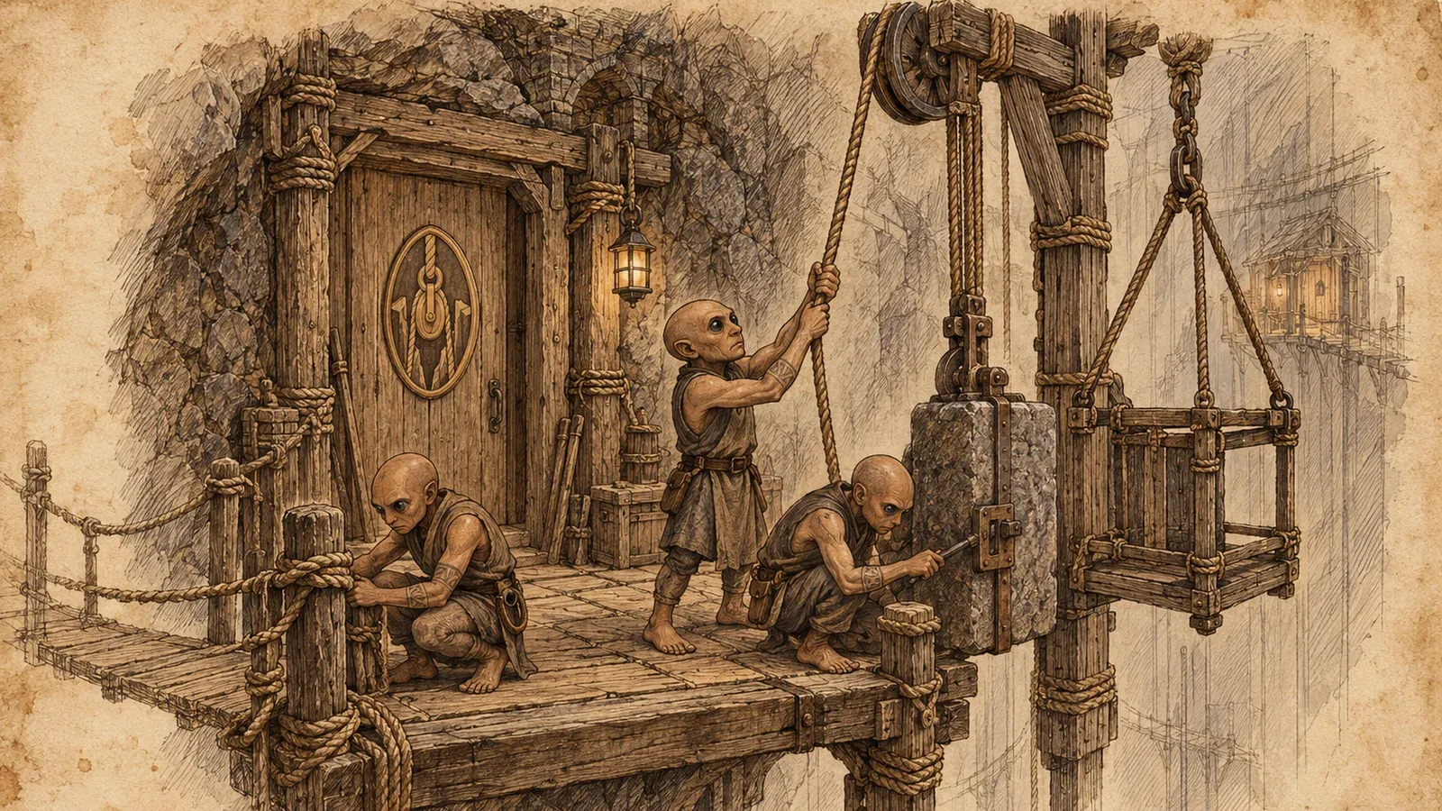 An ink and wash drawing of the Deepknot Warrens: small bald folk working ropes and pulleys on a timber platform, lowering a cage into the deep.