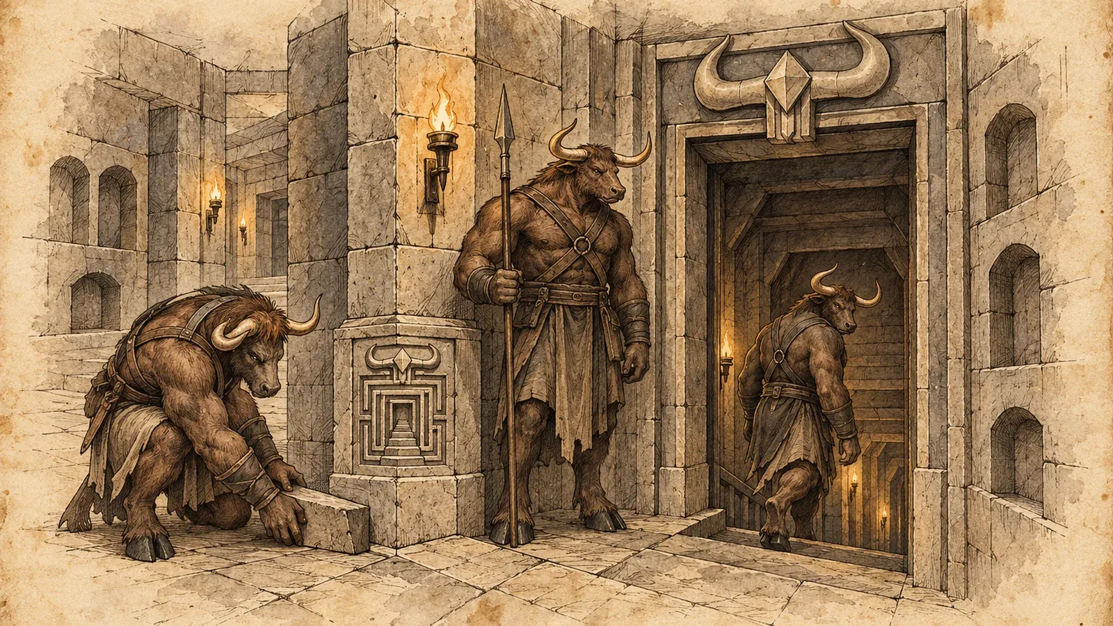 An ink and wash drawing of the Deepmaze Oath: minotaurs setting stones and standing guard in the torch-lit corridors of a labyrinth.