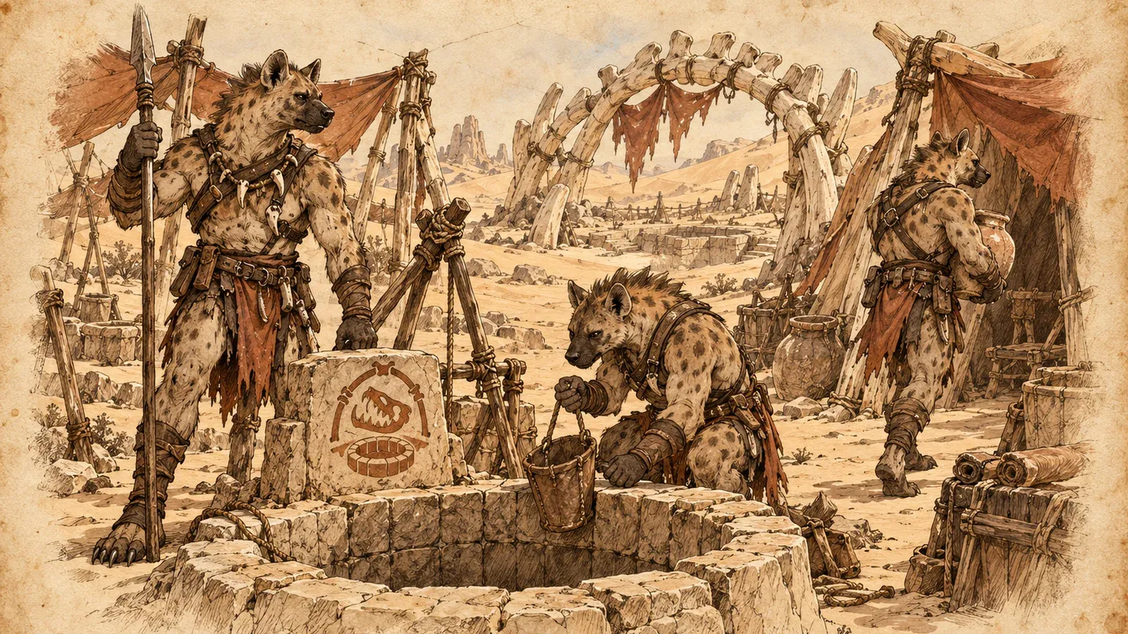 An ink and wash drawing of the Dry Laughter: hyena-folk drawing water from a desert well in a camp under arches of bone.
