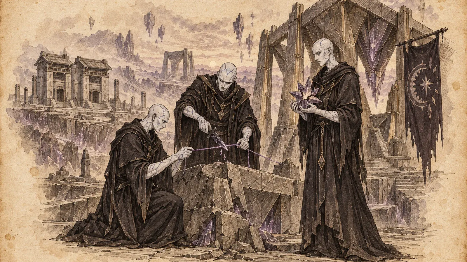 An ink and wash drawing of the Eclipsed Maw Covenant: pale, robed figures shaping violet crystal at a stone block under a dark banner, among ruined cliffs.