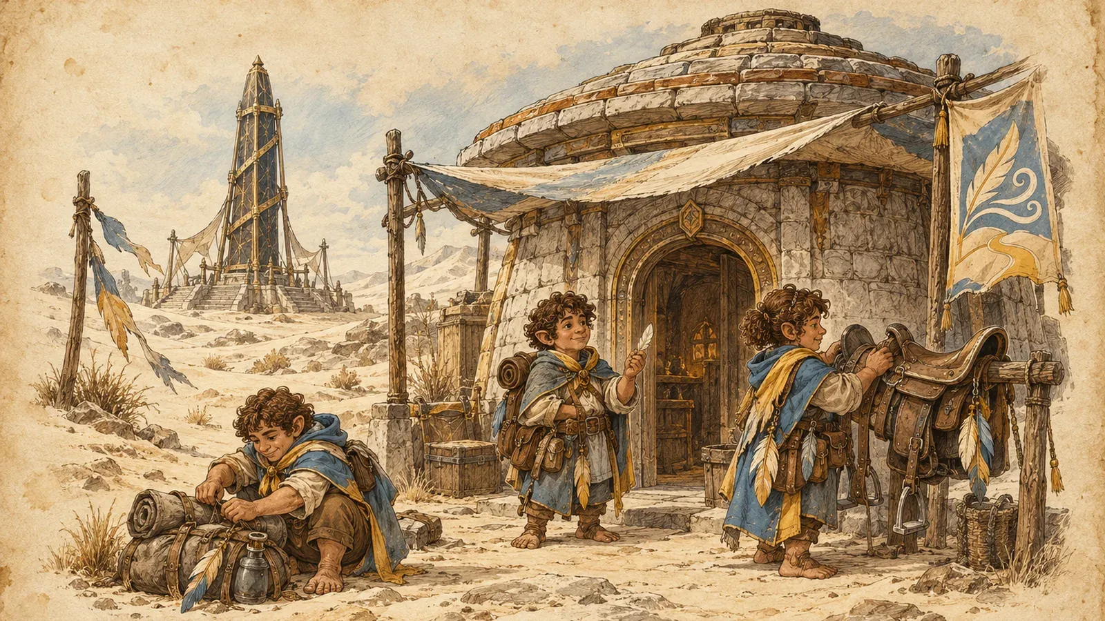 An ink and wash drawing of the Freewind League: halfling travellers in blue and gold cloaks packing saddles and bedrolls outside a round stone house on a windy plain.