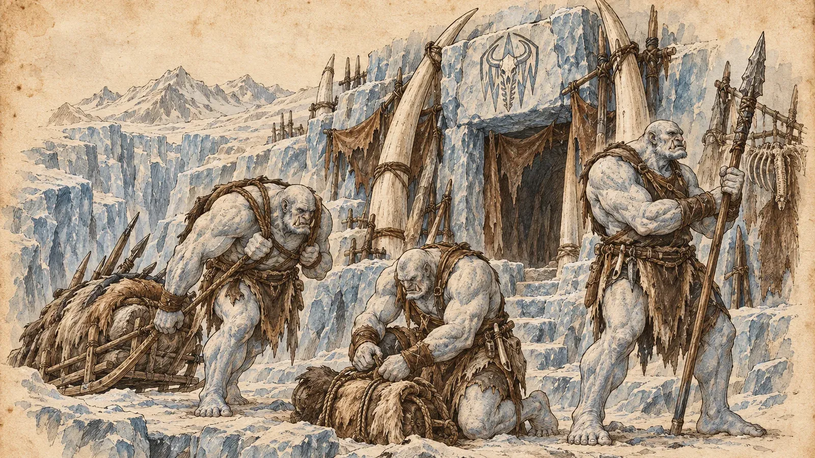 An ink and wash drawing of the Frostspine Clans: frost giants hauling sledges and bundles up icy steps below a hall of tusks.