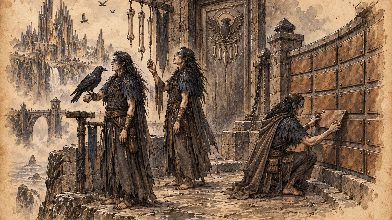 An ink and wash drawing of the Gloamfeather Chorus: long-haired figures in feathered cloaks with a raven, one setting a tablet into a wall of plaques.