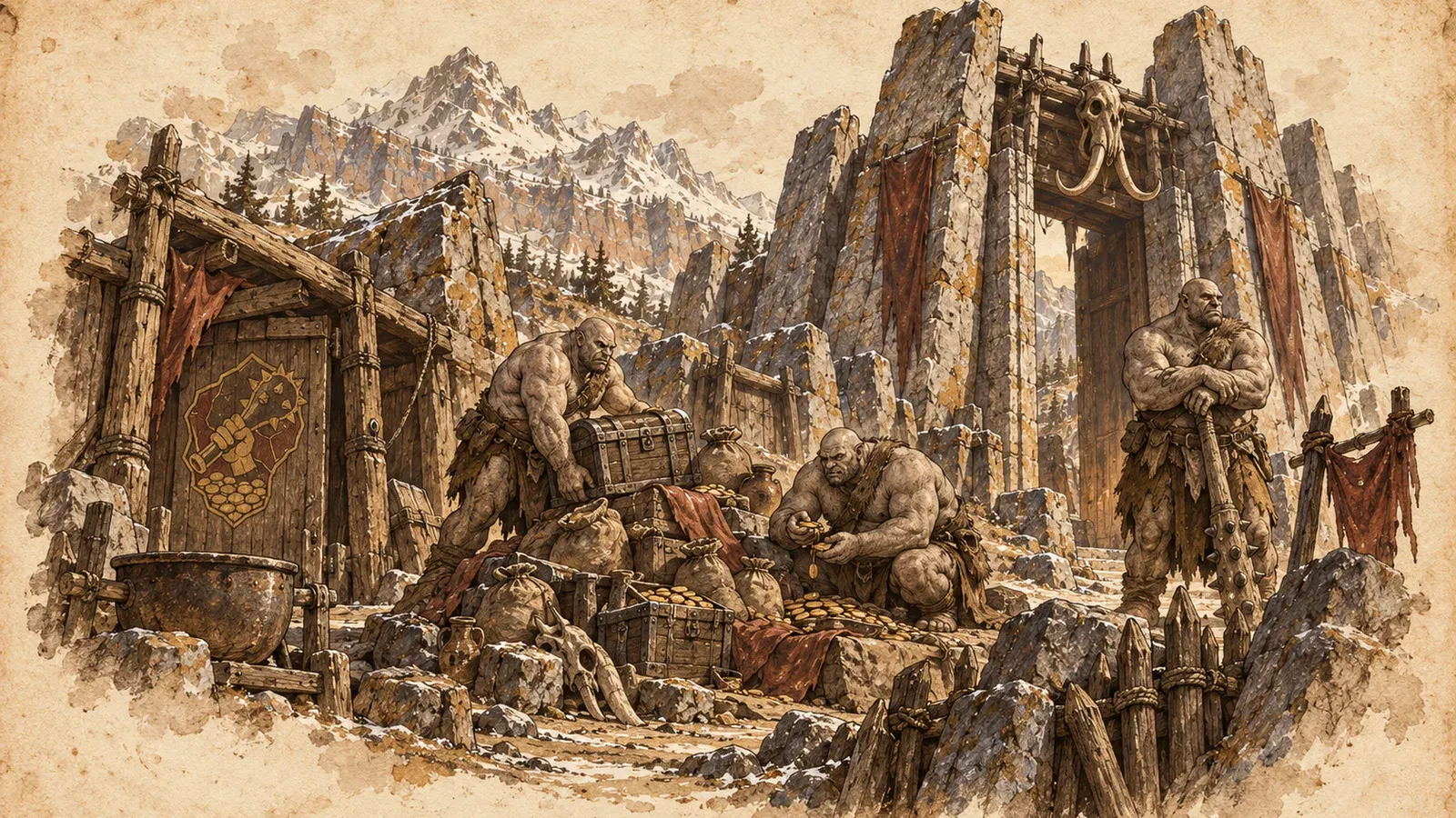 An ink and wash drawing of the Grudgehold: big brutes hauling chests of loot before a fortress gate of standing stones.