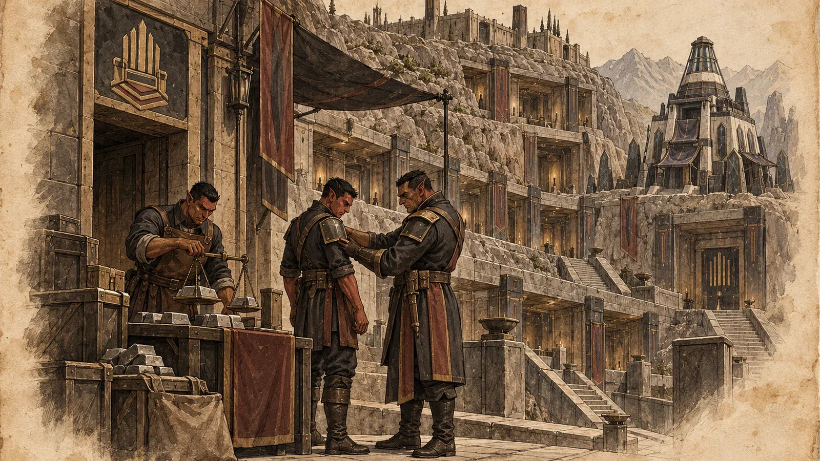An ink and wash drawing of the Gutterthrone Legion: soldiers being fitted for armour at a stall below a city of stacked stone terraces.